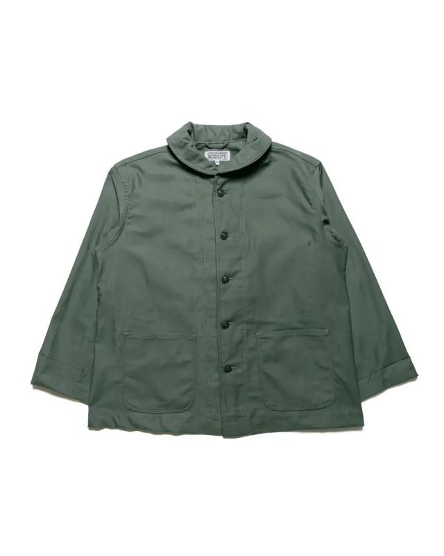 Engineered Garments Workaday Shawl Collar Jacket Olive Cotton Reverse Sateen sold by Lost & Found