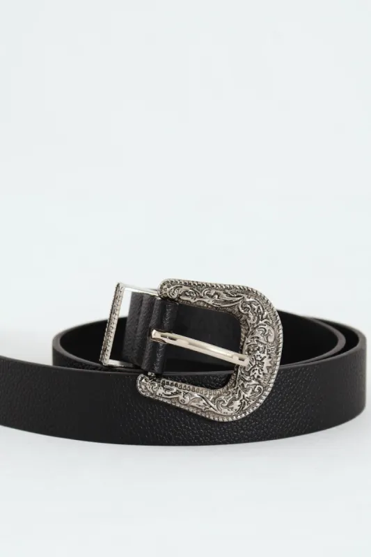 Silver Western Buckle Fashion Belt - Black sold by Edgars