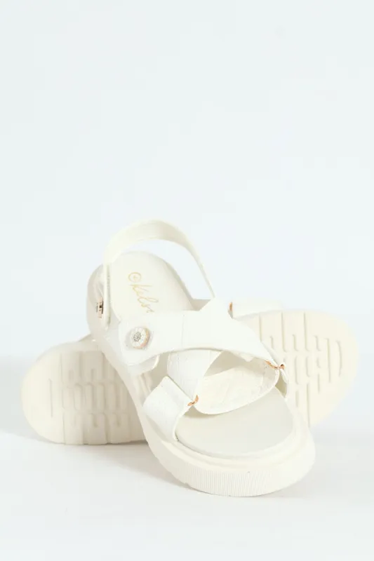 Embossed Wide Crosstrap Mule Sandal With Slingback - White sold by Edgars 