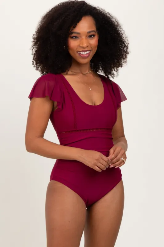 Burgundy Crochet Detail Ruched One Piece Swimsuit sold by Pinkblush