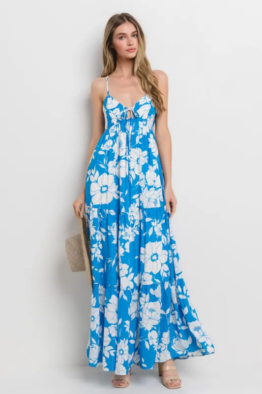 Royal Tropical Floral Open Back Maxi Dress sold by Pinkblush