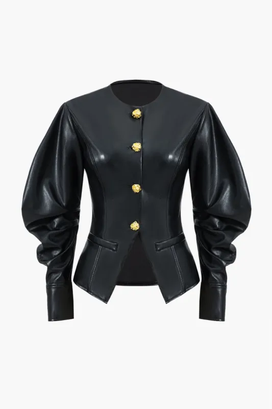 Faux Leather Metallic Button Jacket sold by Micas