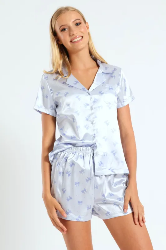 Bows & Spots Satin Button Through & Short Set - Blue sold by Edgars