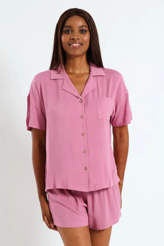 Button Through & Short Linen Blend Set - Mid Purple sold by Edgars