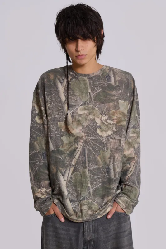 Jaded London Woodland Camo Waffle Long Sleeve Top | Parallel