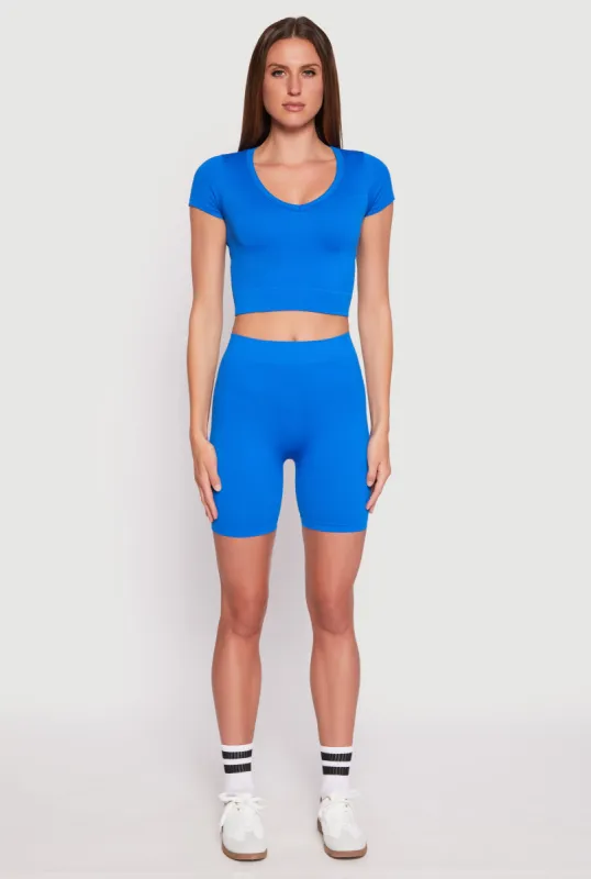 Seamless Ribbed Knit Crop Top and Biker Shorts sold by Rainbow