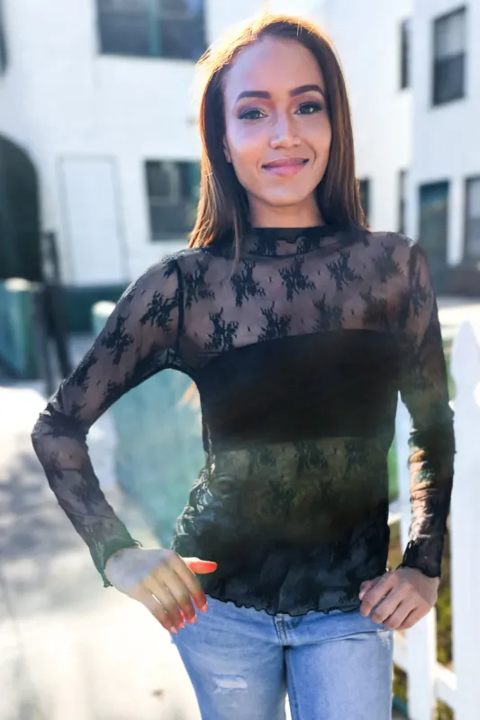 Feeling Femme Black Lace Floral See-Through Layering Top sold by Charming Charlie