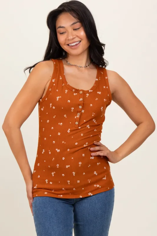 Rust Floral Print Ribbed Henley Sleeveless Top sold by Pinkblush