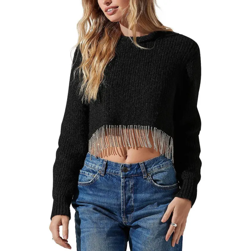 Astr the Label Palmer Rhinestone Fringe Sweater Black Size XS sold by Leota
