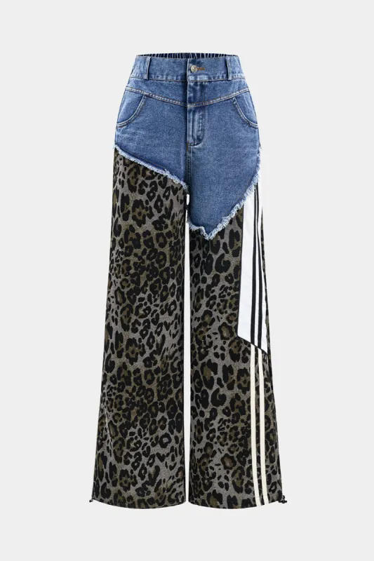 Leopard print denim plisseret patchwork -knap lomme brede ben jeans sold by Micas