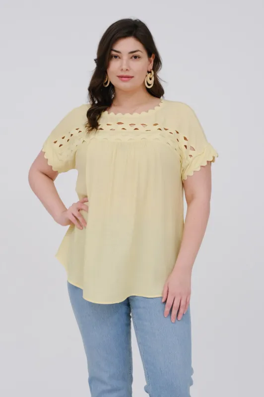 PLUS SCALLOP TRIM CUT-OUT SHORT SLEEVE BLOUSE sold by Blu Pepper