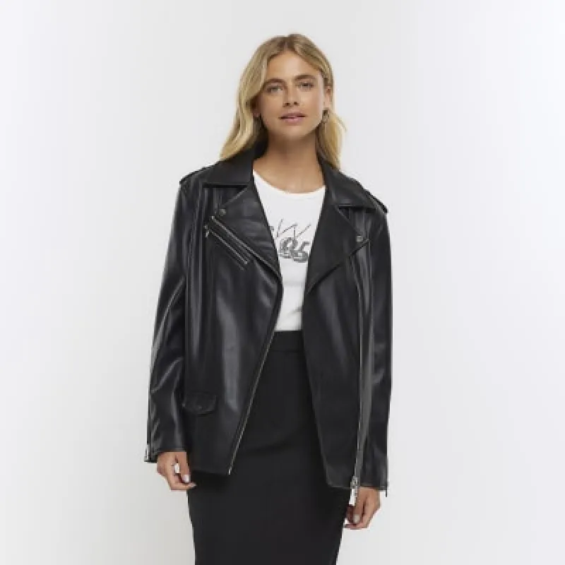 Black faux leather oversized biker jacket sold by River Island