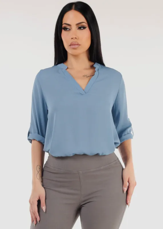 Quarter Sleeve V-Neck Blouse Blue sold by Moda