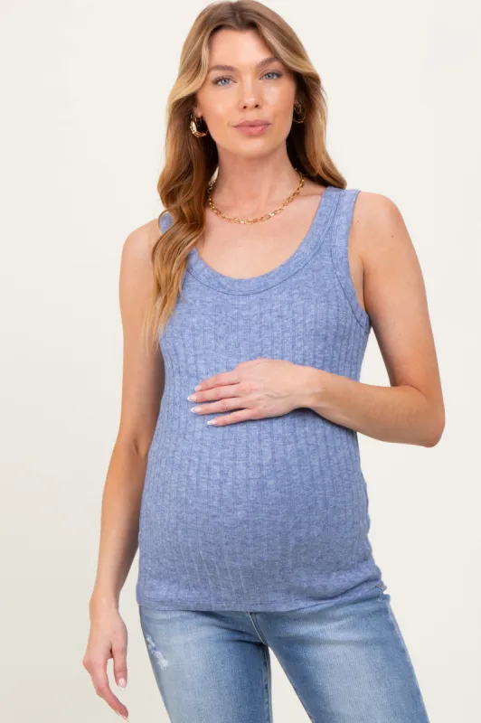 Blue Melange Ribbed Fitted Maternity Tank Top sold by Pinkblush