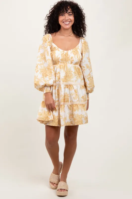 Yellow Floral Smocked Bubble Sleeve Tiered Dress sold by Pinkblush