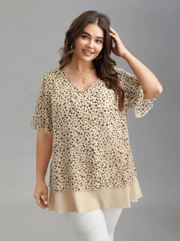 Polka Dot Print Ruffled V-Neck Layered Shirt sold by Bloomchic