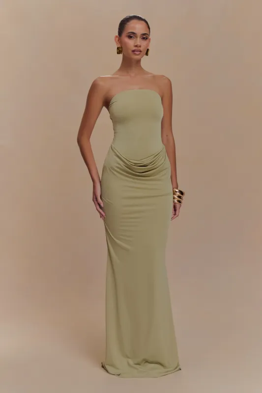 Madison Strapless Slinky Maxi Dress - Sage sold by Meshki