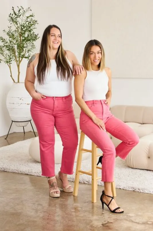 L.NY Crop Dylan Full Size Tummy Control High Waist Raw Hem Jeans sold by Leota