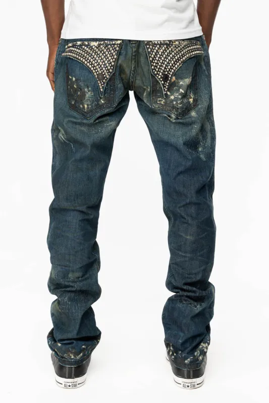 KILLER FLAP STRAIGHT LEG JEANS WITH CRYSTALS AND PYRAMID IN