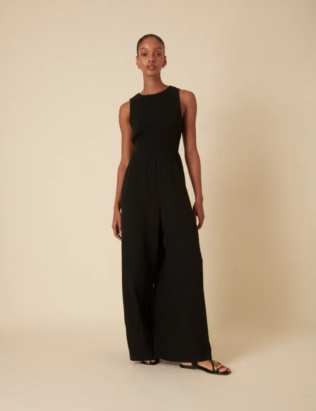 Black Shirred Jumpsuit sold by Nobody's Child