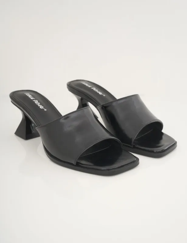 Romi Black Patent Mule Square Toe Flared Block Mid Heels sold by Public Desire