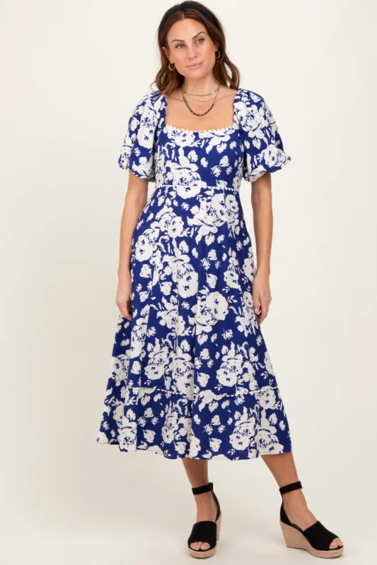 Navy Floral Scallop Trim Puff Sleeve Midi Dress sold by Pinkblush