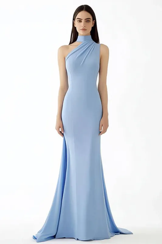 Sheath Light Blue Halter Crepe Long Gala Ball Dress sold by Zapaka
