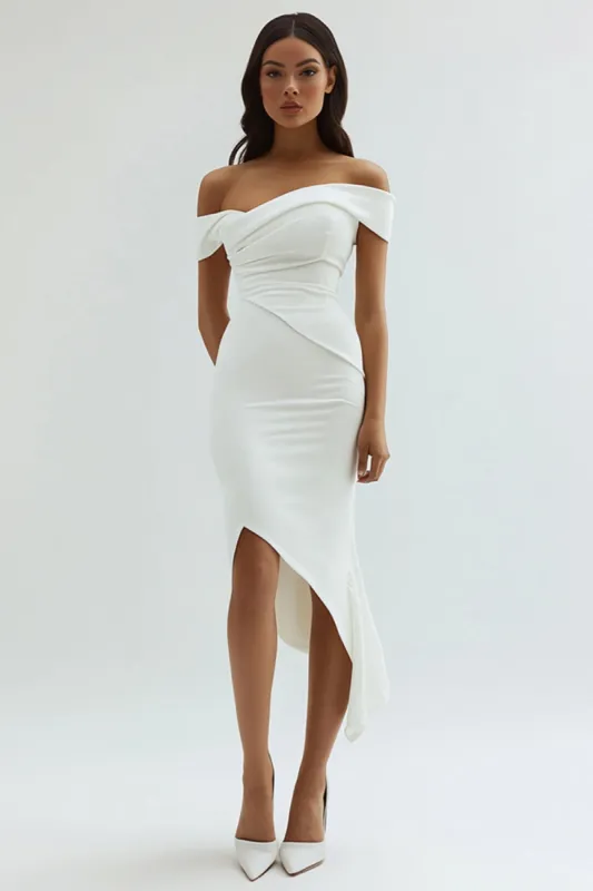 Off the Shoulder Sheath Satin Tea Length White Graduation Dress sold by Zapaka