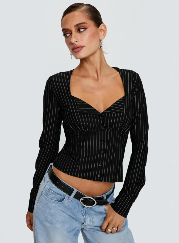 Set For Life Foldover Detail Long Sleeve Top Black / White Pinstripe sold by Princess Polly