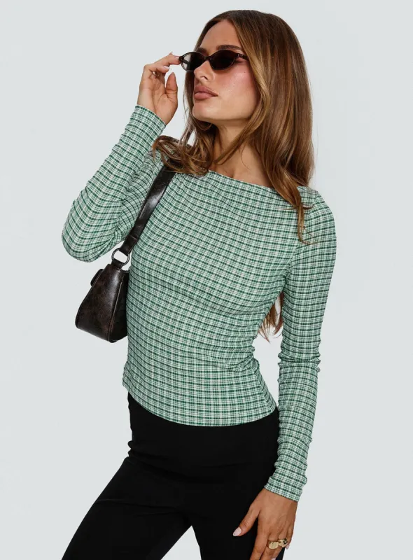 Every Second Boat Neck Long Sleeve Top Green Check sold by Princess Polly