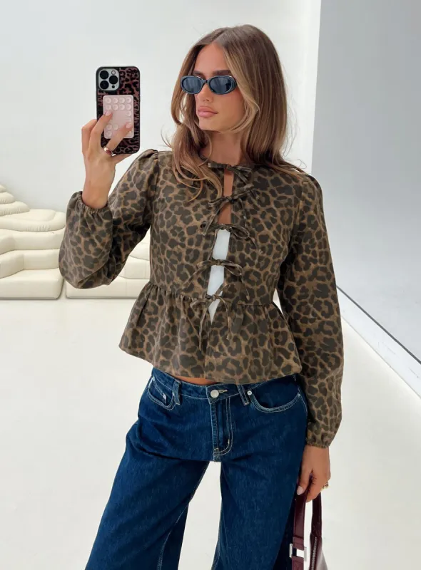 Recognize Tie Detail Long Sleeve Top Leopard sold by Princess Polly