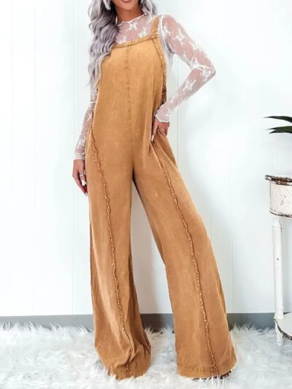 Square Neck Wide Leg Denim Overalls sold by Charming Charlie