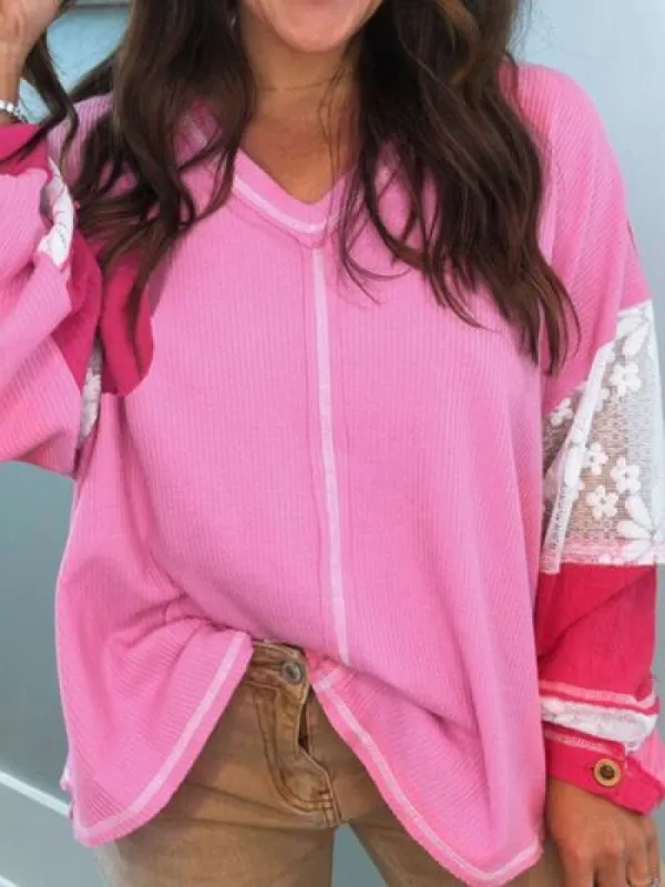 Lace Patchwork Sleeve Stitching V Neck Top sold by Charming Charlie
