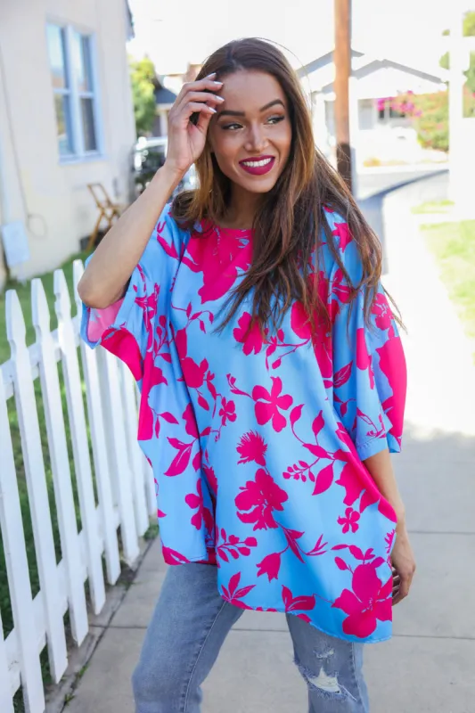Follow Me Fuchsia Floral Asymmetrical Coverup Blouse sold by Charming Charlie