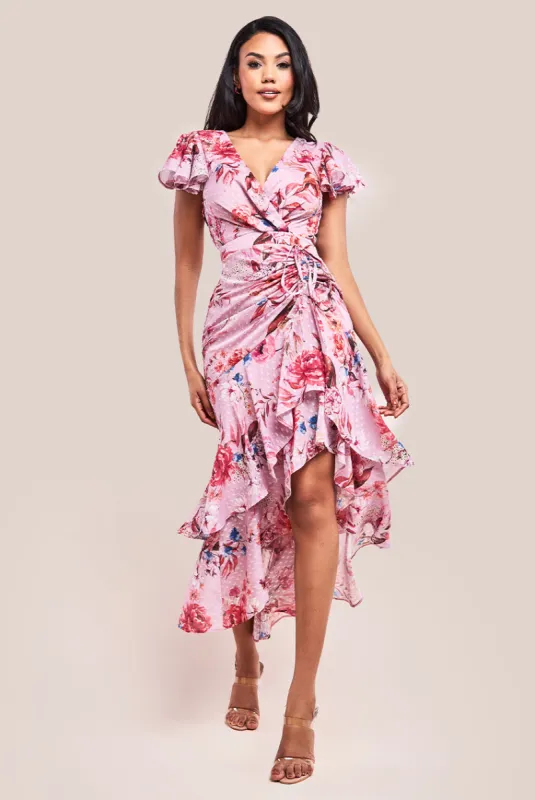 Floral Wrap High And Low Midaxi Dress - Blush Pink by Goddiva sold by Goddiva