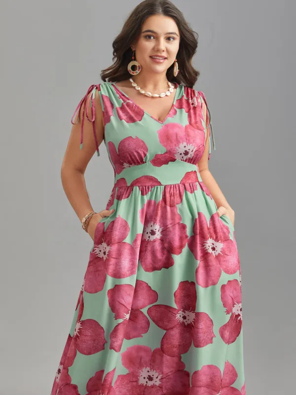 Floral Print V-Neck Tied Midi Dress sold by Bloomchic