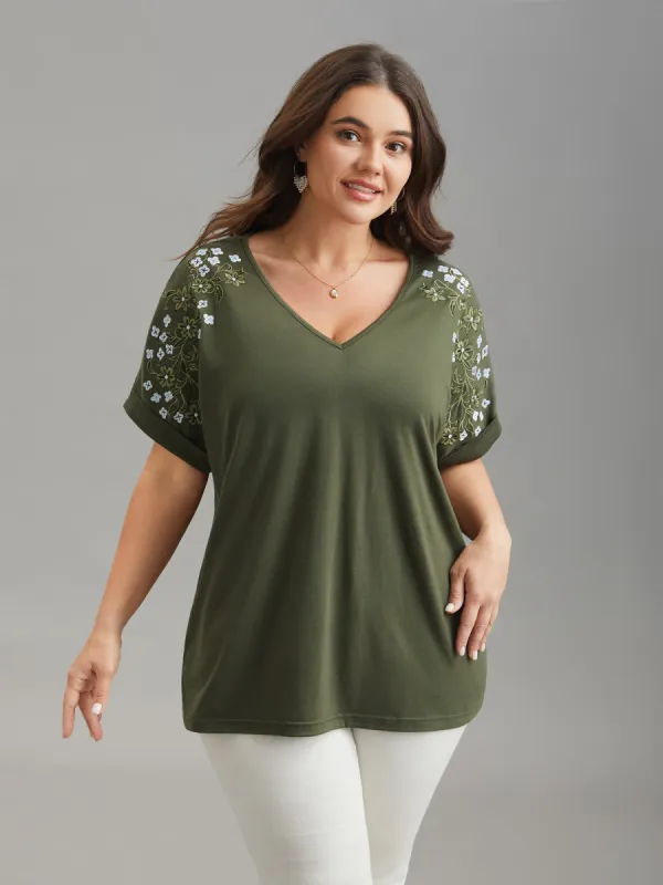 Stretchy Embroidered Drop Shoulder T-Shirt sold by Bloomchic