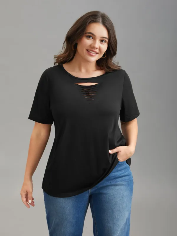 Stretchy Ripped Neck Fitted T-Shirt sold by Bloomchic