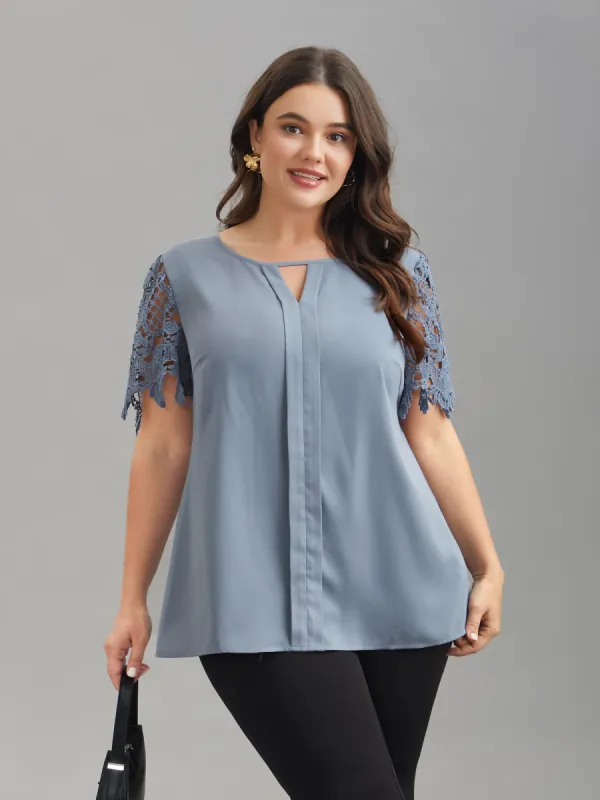 Lace Sleeve Neck Cut-Out Flared Shirt sold by Bloomchic