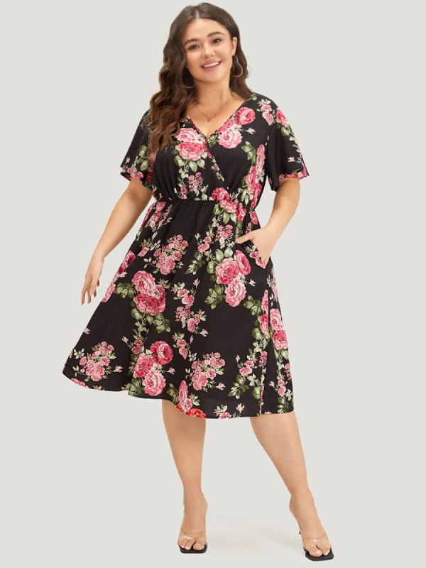 Floral Print Ruffle Sleeve Pocket V Neck Wrap Dress sold by Bloomchic