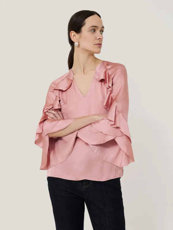 Recycled Satin Fluid Frill Top | Pink sold by Jigsaw