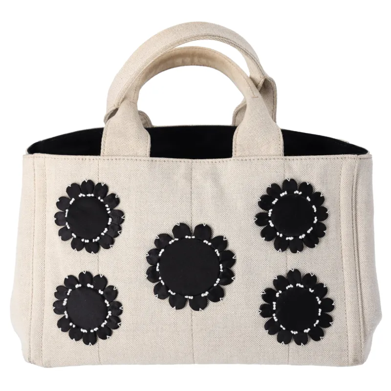 PRADA Canapa Tote Bag B1877E Cream Black Flowers Canvas sold by Gaby's Bags