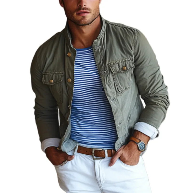 Men's Vintage Washed Stand Collar Double Chest Pockets Cargo Jacket 59466655Y sold by Manly