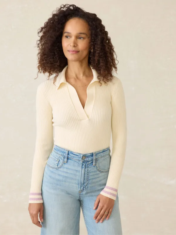 Stretch Cotton Cashmere Rib Polo - Cream Retro Stripe sold by Faherty