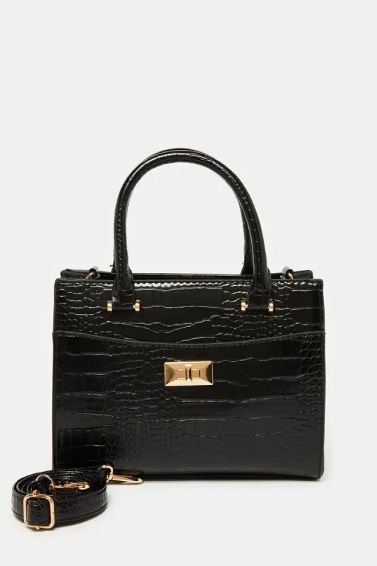 Women Black Textured Day Bag sold by Redtag