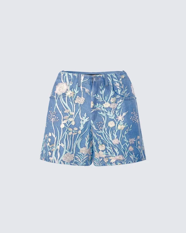 Kian Blue Denim Lace Overlay Shorts sold by Finesse