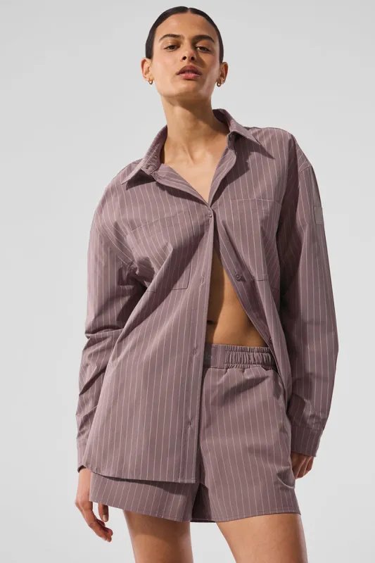 Pinstripe Daylight Button Down Long Sleeve - Mushroom/Ivory sold by Alo Yoga
