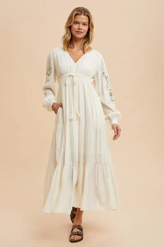 Cream Embroidered Long Sleeve Maxi Dress sold by Pinkblush