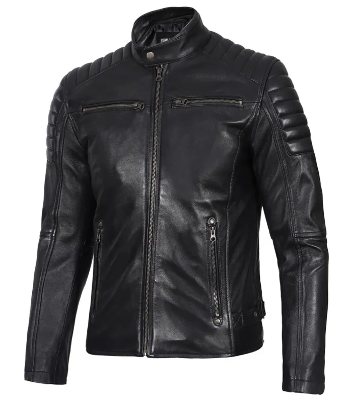Men’s Phantom Black Café Racer Leather Jacket sold by Prime Leather Shop