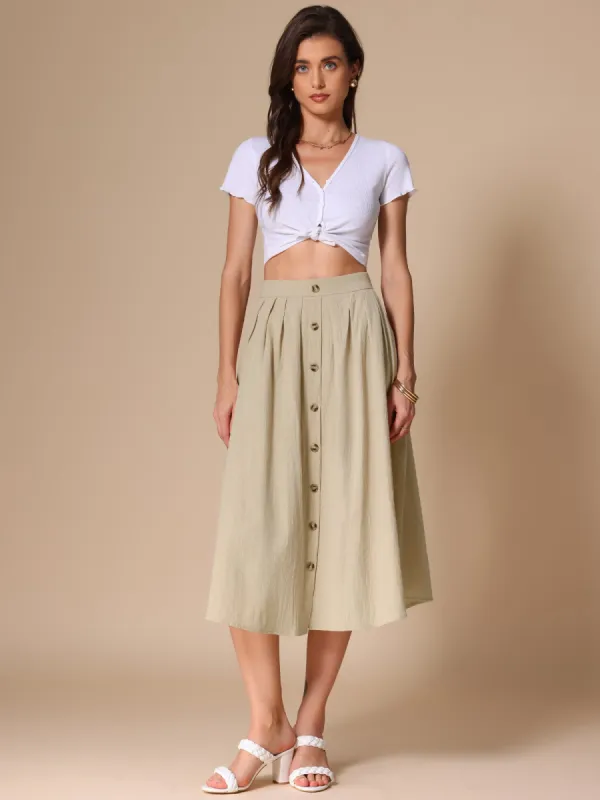 A-Line Elastic Waist Button Front Pocketed Midi Skirt sold by Allegra K